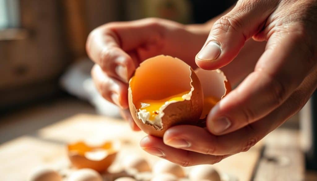A close-up view of a farmer's hands gently cracking open a brown chicken egg, revealing its contents. The yolk and albumen are clearly visible, with the camera focused on the interior of the egg. Soft, natural lighting from a nearby window illuminates the scene, creating a warm, inviting atmosphere. The background is blurred, allowing the egg and hands to be the central focus. The image conveys a sense of care, curiosity, and the process of determining if the egg is fertile, as part of the incubation journey.