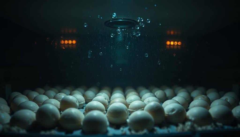 A dimly lit incubator chamber, the air thick with moisture. Droplets cling to the glass walls, reflecting the warm glow of the heating elements. The atmosphere is heavy, the humidity palpable, creating an almost tangible sense of anticipation as the eggs rest peacefully, waiting to hatch. Soft, ambient lighting illuminates the scene, casting subtle shadows that accentuate the contours of the incubator. The camera angle is slightly low, providing a sense of immersion, as if the viewer is peering into the intimate environment of the lockdown phase. The overall mood is one of tranquility and concentration, hinting at the delicate balance required to ensure the successful hatching of the precious cargo within.