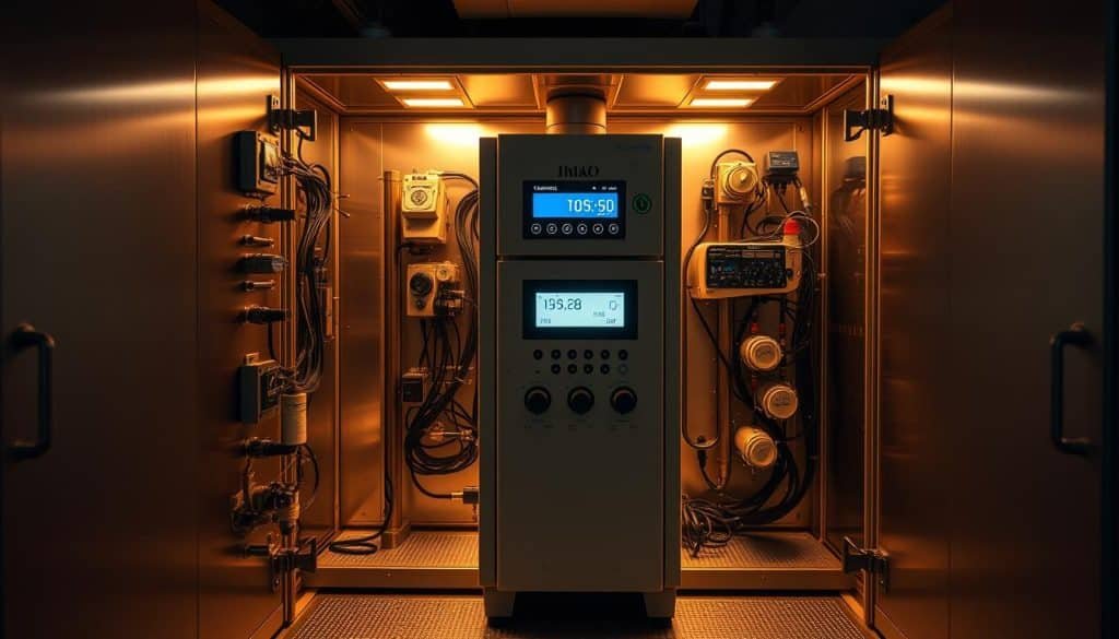 A meticulously engineered temperature and humidity control system, its interior brimming with an intricate array of sensors, digital displays, and precisely calibrated dials. Sleek, brushed metal panels encase the state-of-the-art apparatus, while a warm, diffused light bathes the scene, creating an atmosphere of technical elegance and scientific precision. The device stands as the centerpiece, its subtle glow and clean, minimalist design conveying a sense of reliable, unwavering control over the delicate environmental conditions necessary for successful egg incubation.