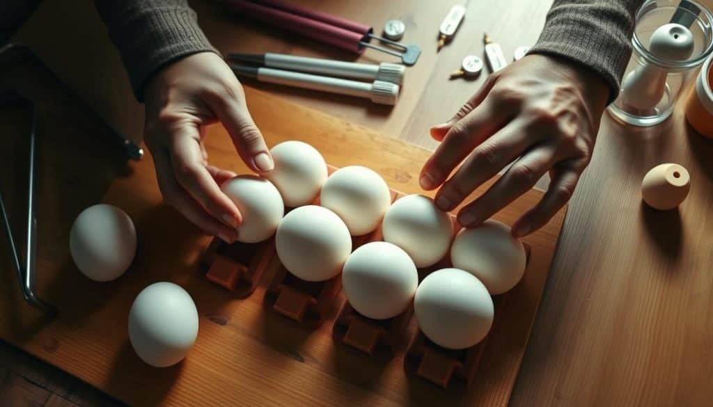 A well-lit, high-angle studio shot of a person's hands carefully turning a row of chicken eggs on a wooden surface, with various egg-turning tools and implements like tongs, rollers, and markers visible in the background. The eggs should appear soft and smooth, with subtle highlights and shadows accentuating their form. The overall scene should convey a sense of precision, care, and attention to detail, capturing the essence of effective egg-turning techniques for optimal incubation.
