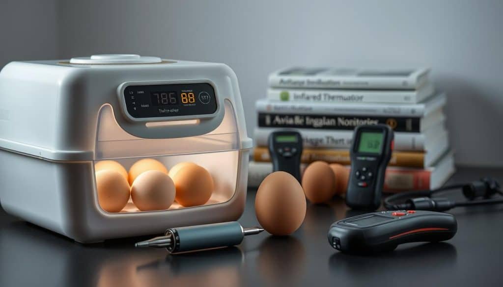 A well-lit tabletop scene showcasing a collection of egg incubation monitoring tools. In the foreground, a digital egg incubator with an LCD display, thermometer, and humidity gauge. Beside it, a hand-held candler, used to check embryo development. In the middle ground, a hygrometer and a compact infrared thermometer. In the background, a stack of reference books on avian incubation. The overall atmosphere is one of precision and attention to detail, with a neutral color palette and soft, directional lighting highlighting the functional elegance of the tools.