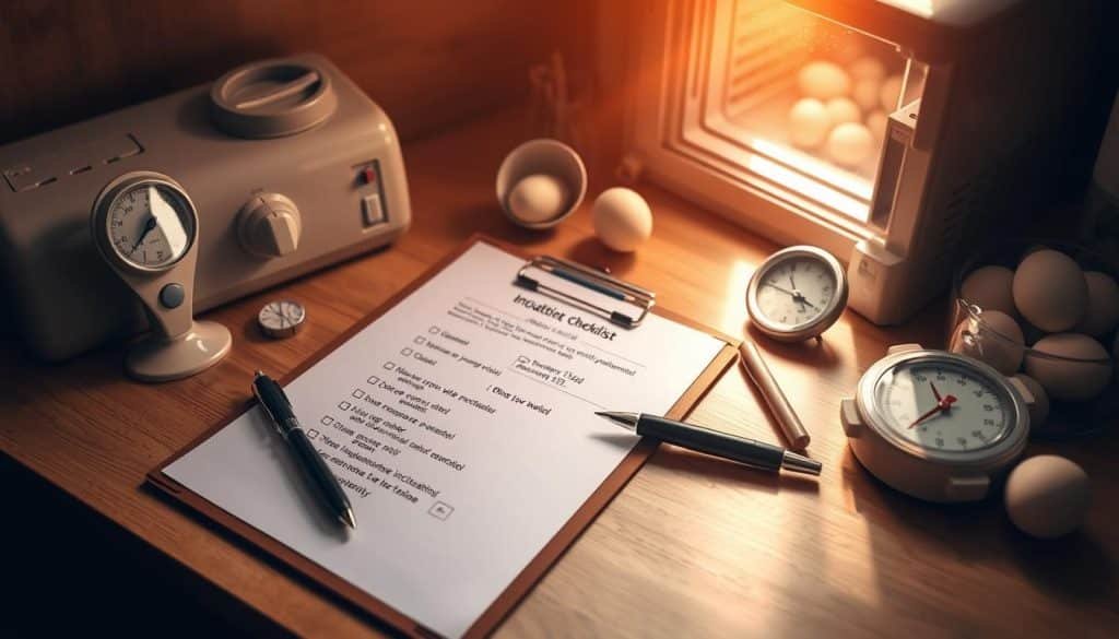A well-organized desk with a clipboard, pen, and various incubation-related items. Warm, natural lighting bathes the scene, creating a serene and focused atmosphere. The clipboard features a detailed checklist, meticulously outlining the daily tasks for successful egg incubation. Carefully placed thermometers, hygrometers, and a small incubator stand nearby, suggesting a methodical and thorough approach to the process. The overall composition conveys a sense of organization, attention to detail, and the dedication required for mastering the art of incubating eggs.