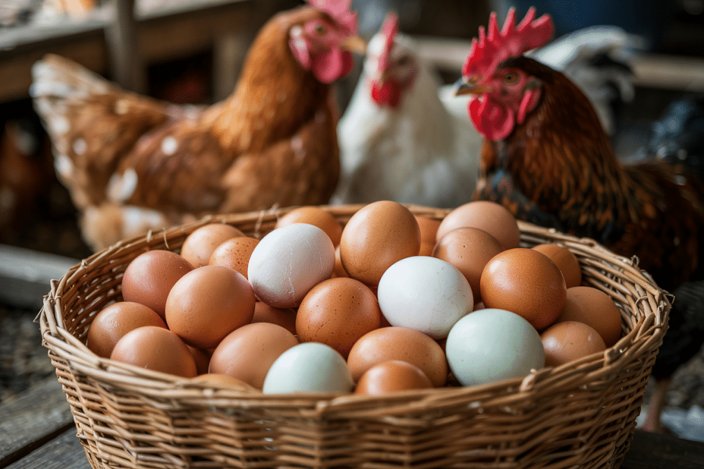 Een rieten mand gevuld met eieren in verschillende kleuren, waaronder bruin, wit en lichtgroen, staat op de voorgrond. Op de achtergrond staan drie kippen, een rode, een witte en een bruine, in een schuur.