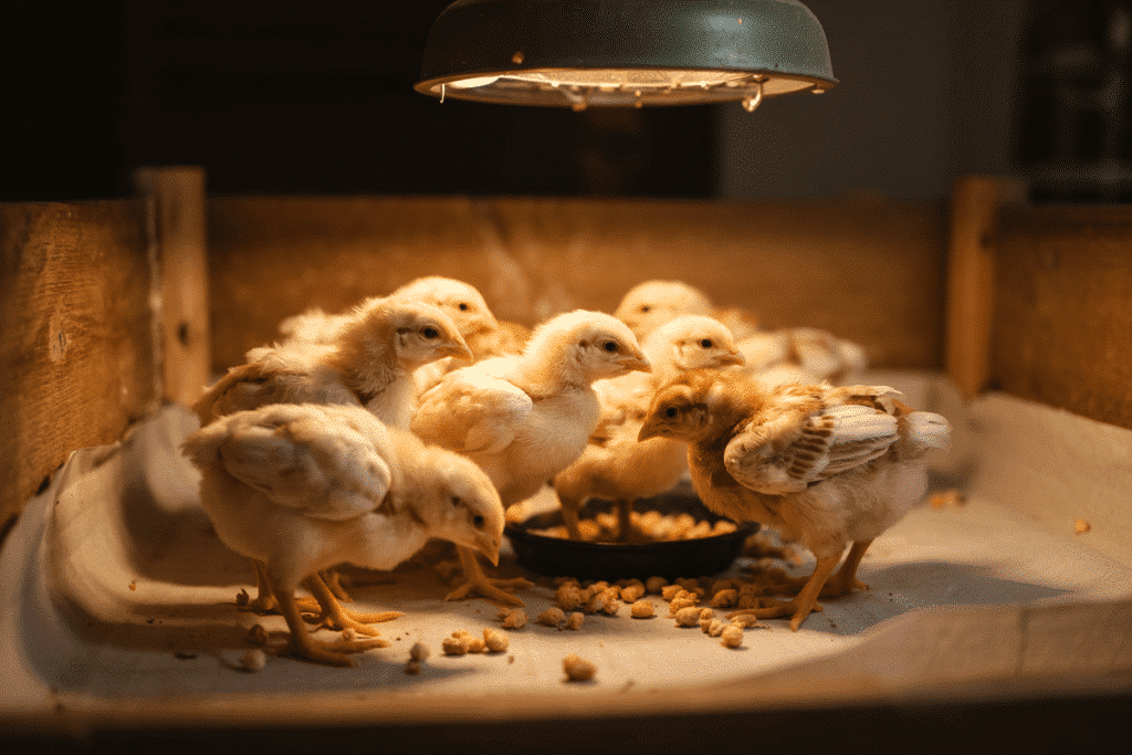Een groep donzige gele kuikens verzamelt zich rond een klein schaaltje voer onder een warme lamp in een houten omheining. Het tafereel is knus, met verspreid voer op de met papier beklede vloer.