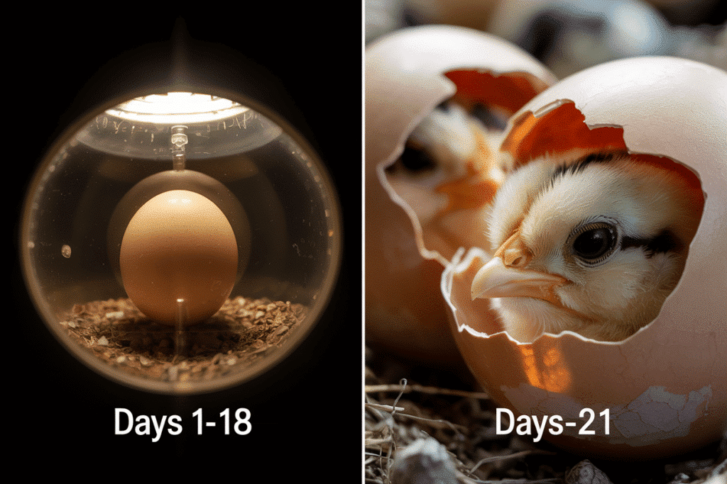 Gesplitste afbeelding van het broeden van eieren. Links: Een ei onder een lamp met het label "Days 1-18." Rechts: Een kuiken dat uit een ei met het label "Days 21" komt, met een ander ei dat in de buurt openbreekt.