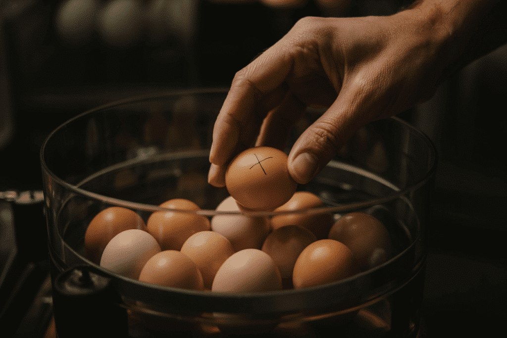 Een hand pakt een ei met een X erop uit een doorzichtige kom vol ongemarkeerde bruine eieren. De achtergrond is zacht vervaagd.