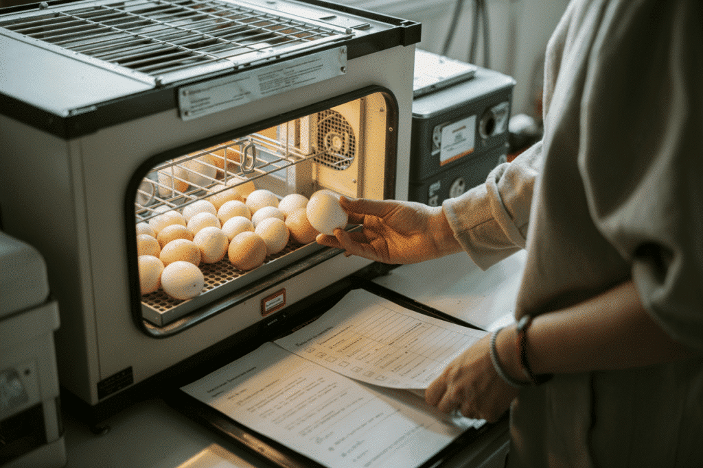 Een persoon legt eieren in een broedmachine. De broedmachine is gevuld met meerdere eieren. De persoon draagt een lichtgekleurd shirt met lange mouwen en een polsbandje. Een papier met aantekeningen ligt op het bureau naast hen.