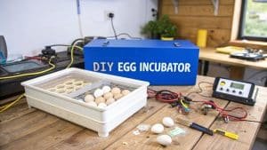 Een zelfgemaakte broedmachine voor eieren staat op een houten tafel, omringd door eieren, elektronisch gereedschap, draden en een digitale meter in een werkplaatsomgeving. Op de achtergrond is een blauwe doos met het opschrift 'Zelfgemaakte broedmachine voor eieren' te zien.