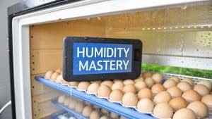 Een close-up van trays gevuld met eieren in een broedmachine. Op de bovenste plank staat een bordje met de tekst "Humidity Mastery", met condensatie zichtbaar op de wanden en het bordje.