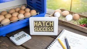 Op een tafel staat een bord met de tekst HATCH SUCCESS, naast een broedmachine gevuld met eieren, een thermometer die 31,5°C aangeeft, een notitieblok met handschrift, pennen en een dienblad met eieren en groenten.