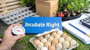 Een hand houdt een thermometer vast naast een doos eieren, een notitieboekje met een pen en een blauw bord met de tekst Incubate Right, omringd door verschillende incubatiegereedschappen op een grasveld.