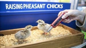 Twee kleine fazantenkuikens staan in een houten verblijf op houtsnippers, terwijl een persoon een rood met zilveren waterdispenser naar hen toe houdt. Op een bord op de achtergrond staat: RAISING PHEASANT CHICKS.