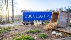 Een groep eendjes loopt over de grond bij een omgevallen houten krat, stro en eendeneieren. Op de achtergrond staat in een blauwe schuur "DUCK EGG TIPS". Bomen en zonsopgang zijn zichtbaar.