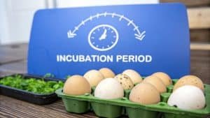 Een groen eierdoosje met verschillende eieren staat op een houten oppervlak. Daarachter staat een blauw bord met een afbeelding van een klok en de woorden INCUBATION PERIOD. Aan de linkerkant staat een bak met groene bladgroenten.