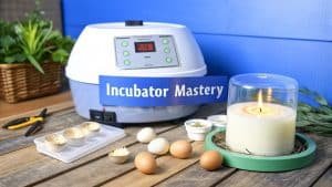 Een tafelopstelling met een broedmachine, eieren, een brandende kaars in glas, zaailingen, gereedschap en een blauw bord met de tekst 'Incubator Mastery', met een mand met groenten op de achtergrond.