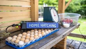 Op een tafel staan een schaal met eieren, een broedmachine met het opschrift 'Home Hatching', een keukenweegschaal, een schaal met aardbeien en een klein bakje melk. Het geheel staat buiten met groen op de achtergrond.