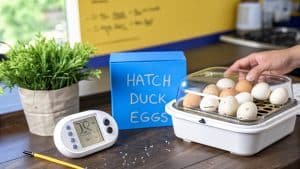 Een hand plaatst een deksel op een broedmachine gevuld met eendeneieren. Ernaast staan een plant, een digitale thermometer, een potlood en een blauw doosje met het opschrift 'HATCH DUCK EIGS' op een houten aanrecht.